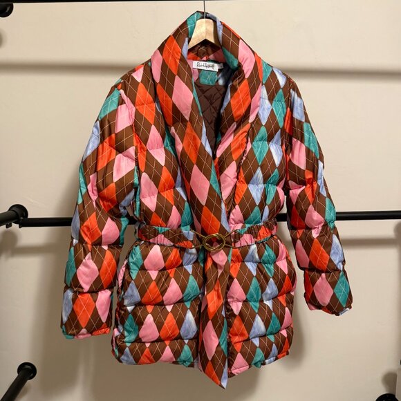 Rachel Antonoff Pink Brown & Orange Argyle Belted Puffer Jacket S - Picture 6 of 14